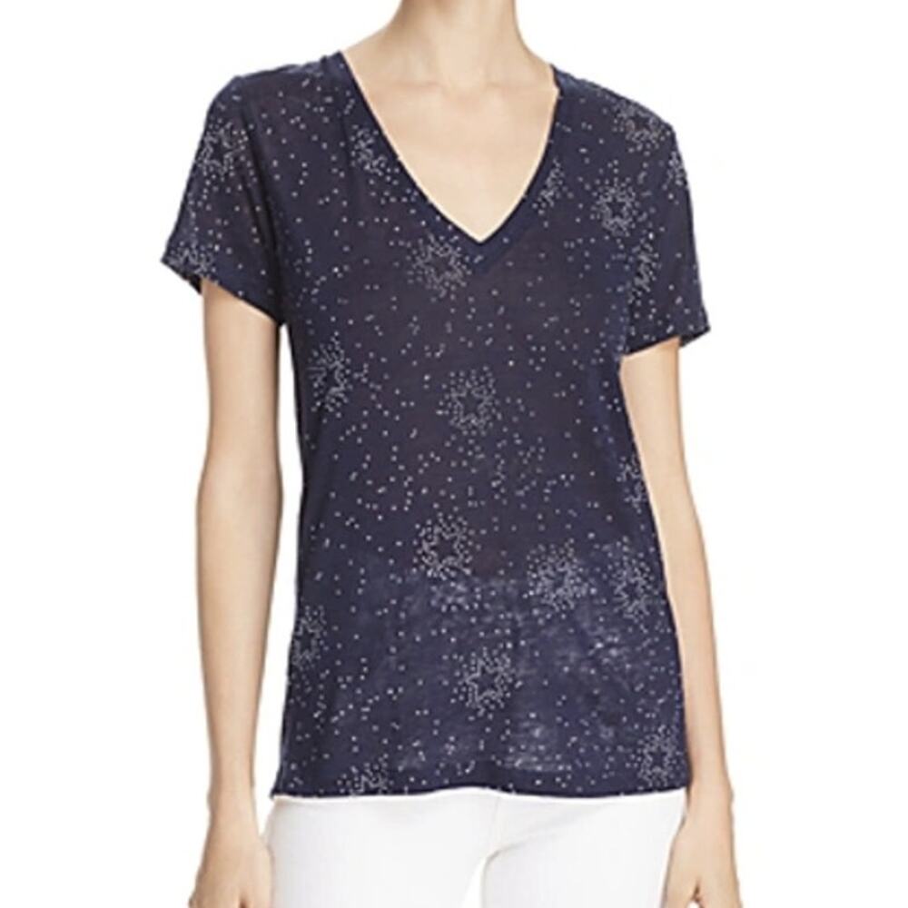 Rails Cara Navy Star Print Linen Blend V Neck Tee Womens Lg
